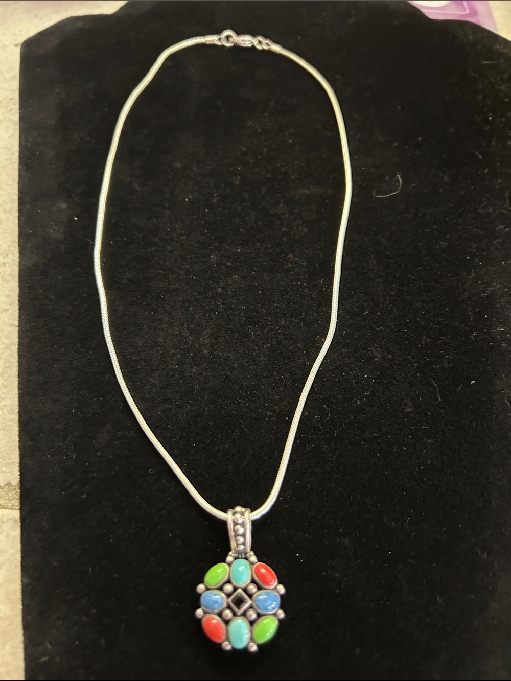 Silver Multi-Color Cabochon Pendant Necklace - Women Jewelry